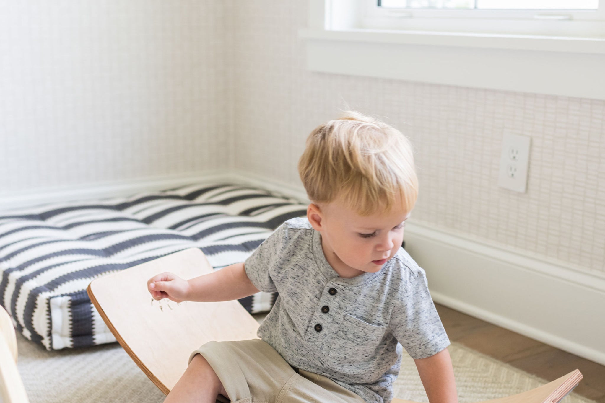 Wooden balance board enhances balance and strength.