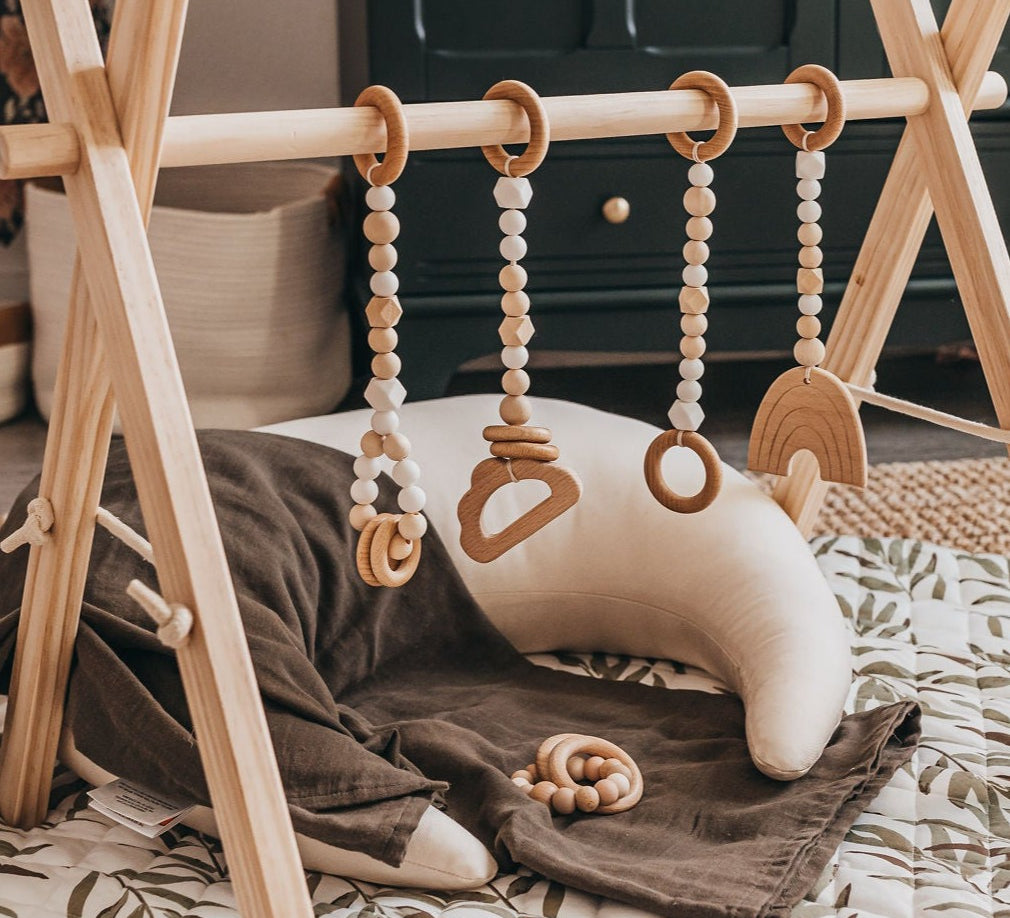 Natural wood frame for baby gym