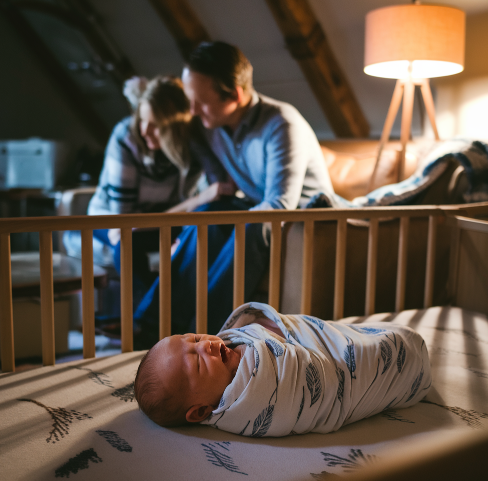 a cute baby new born crying at night with parents trying to calm him down