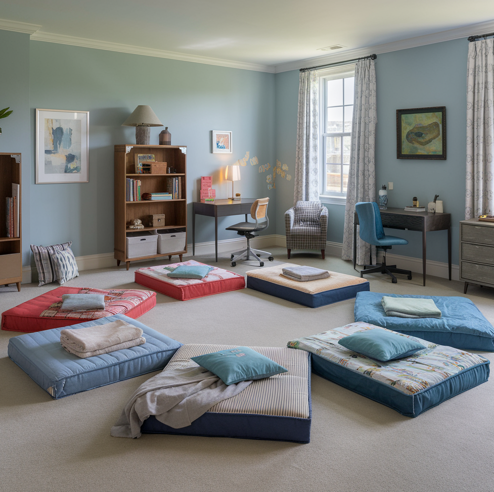 a photo of kids bedroom with mattresses on the floor that looks comfortable with throw pillows and blankets set up for kids