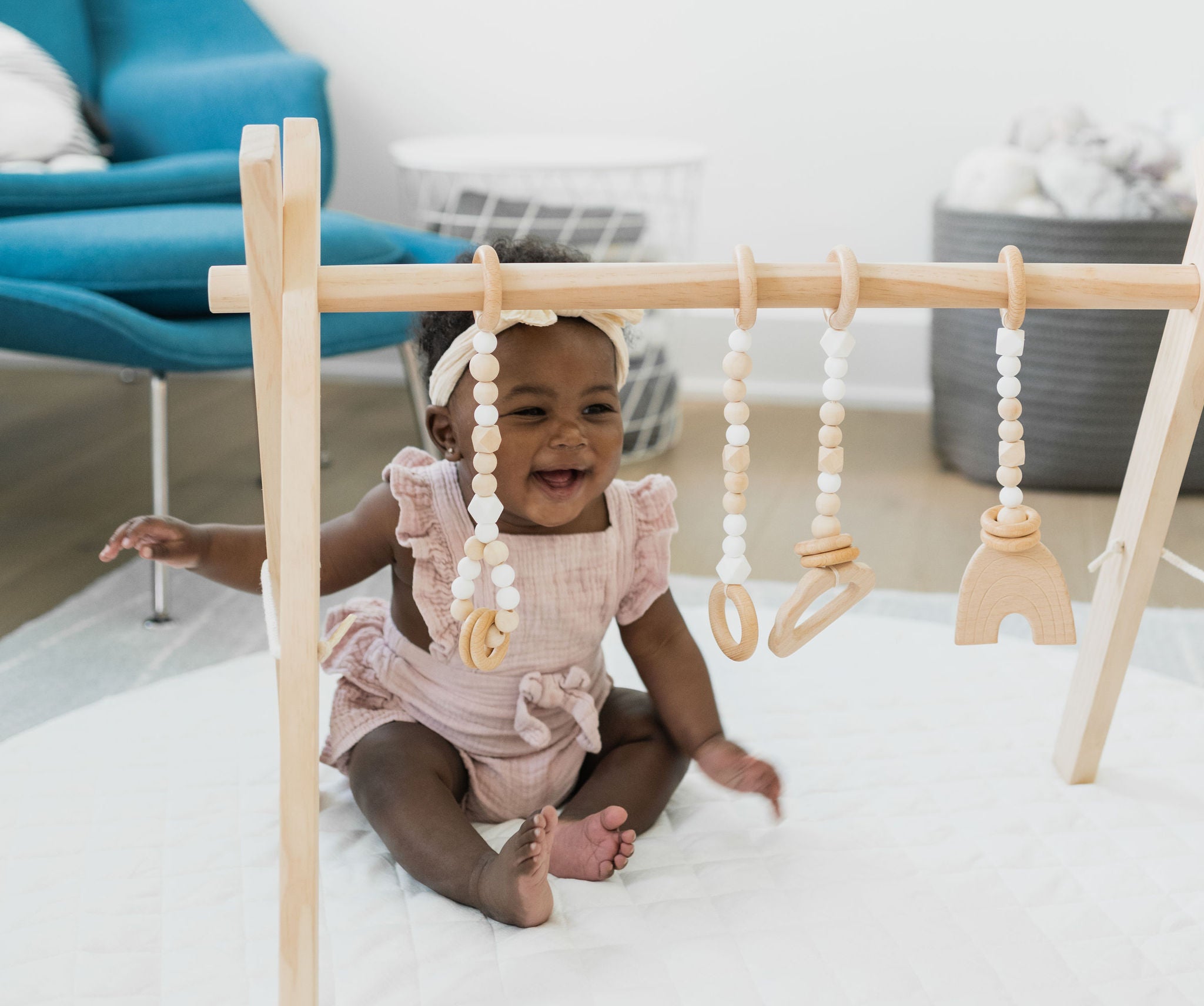 Wooden Baby Gym with 6 Baby Toys, Foldable Baby Play Gym with