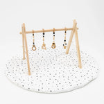 Neutral and black play gym set with soft, calming colors and engaging hanging toys.