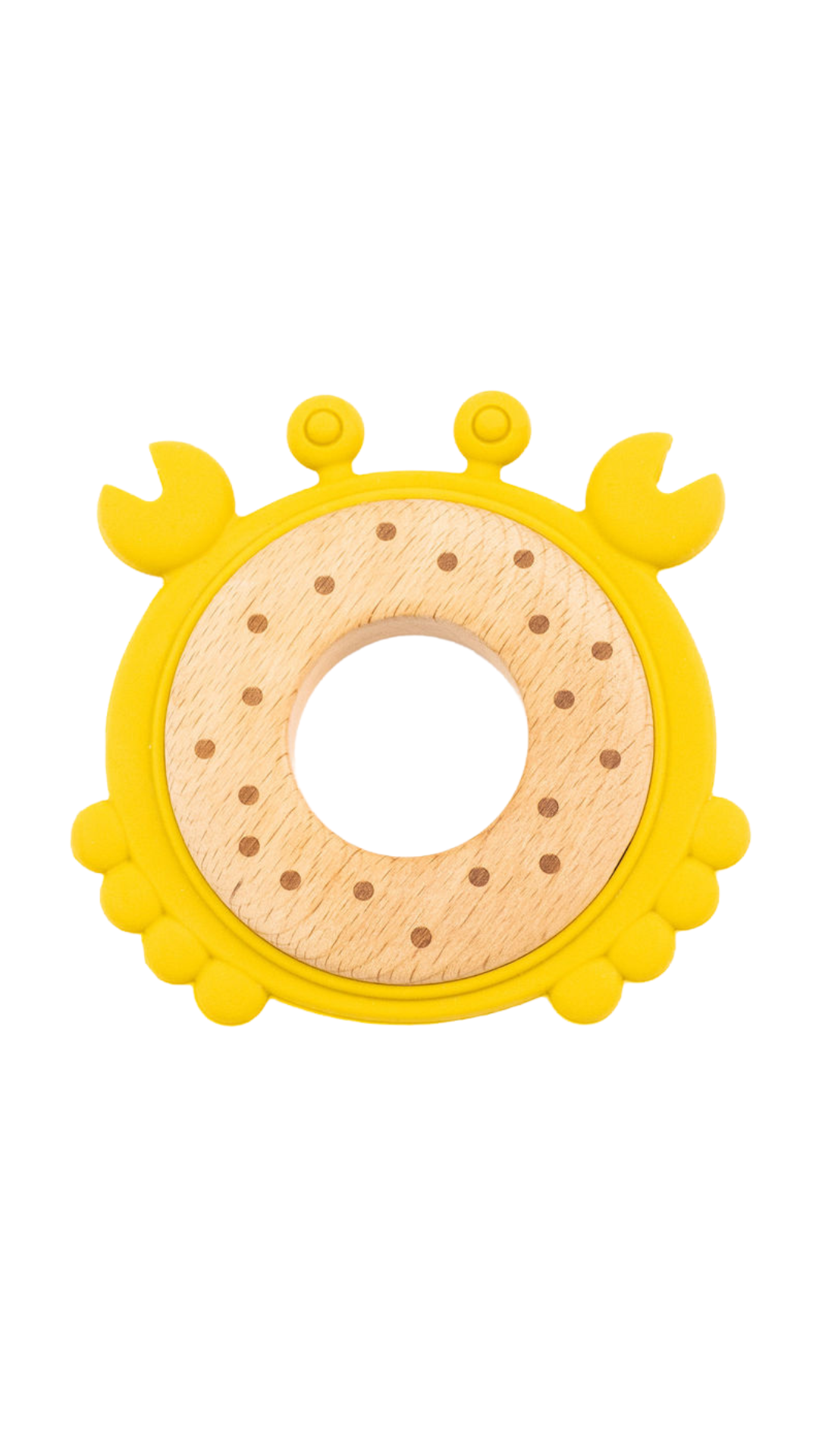 Zoomed-in image of a silicone and wood teether, focusing on the smooth silicone parts and polished wooden sections