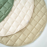 Neutral Round Baby Play Mats in olive, blush and taupe overlapping